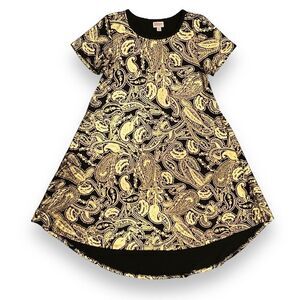 LuLaRoe Carly Gold Paisley Black Elegant High Low Short Sleeve Dress XS